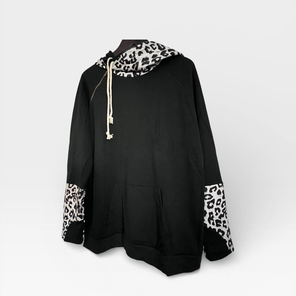 Black Hoodie Tunic with Leopard Print Accents